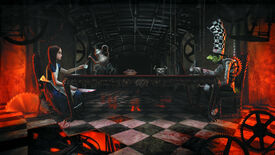 Promotional art of American McGee's Alice: Alice sits opposite the Mad Hatter for a tea party.