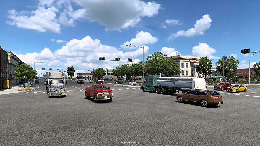 Screenshot of American Truck Simulator's upcoming Oklahoma DLC pack, showing cars and trucks at an intersection