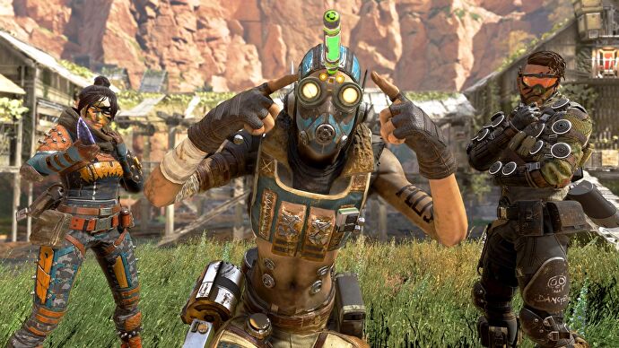 Wraith, Octane and Mirage posing in Apex Legends.