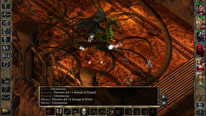 Warriors fight a large green dragon in Baldur's Gate 2: Enhanced Edition
