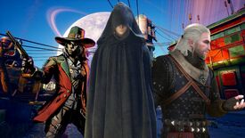 A composite image of a gunslinger from Weird West, a mysterious hooded woman, and Geralt of Rivia from The Witcher, standing against he backdrop of a spacer settlement in The Outer Worlds