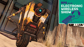 Claptrap the robot from Borderlands 3, with the electronic wireless show logo in the top right corner