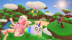 A fantastical group of characters flying around a Roblox mountain range. At the centre of the group is a chibi unicorn.