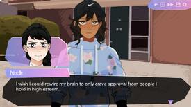 A Butterfly 2 screenshot of two characters making a joke about self-esteem. It reads: I wish I could rewrite my brain to only crave approval from people I hold in high esteem.