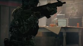 A soldier with a gun in a house next to a cluttered table with a TV showing static in Modern Warfare 2.