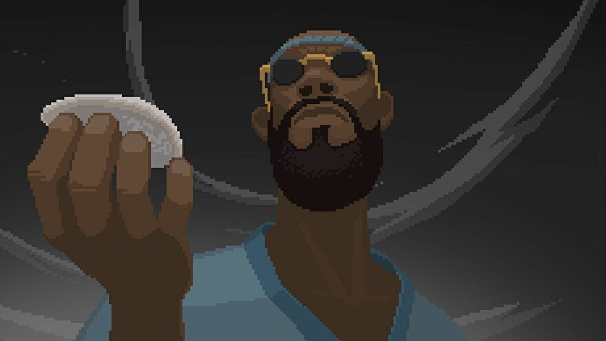 A Black man with a beard and round sunglasses holds up a shellfish in a cutscene in Dave The Diver