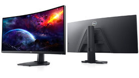 a dell S3422DWG ultrawide gaming monitor, shown front and back with a clean modern design that could fit in an office or on a gaming desk