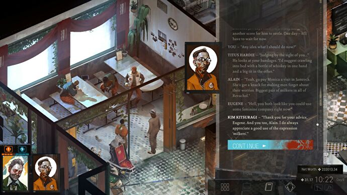 A detective and his companion talk with gang members in a diner in Disco Elysium