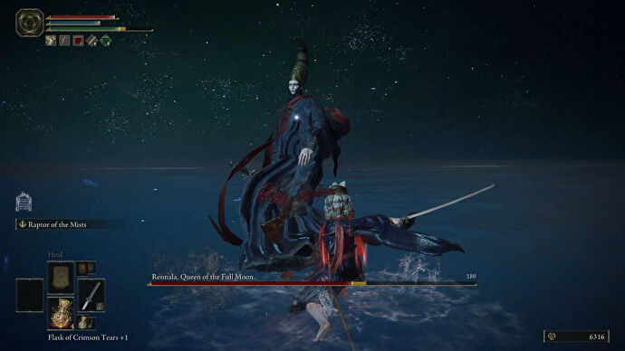 A screenshot from the second phase of the Rennala boss fight in Elden Ring. The player crouches and slashes with a katana towards Rennala.