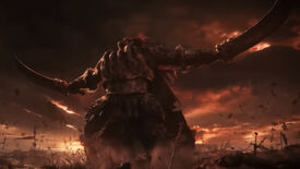 A screenshot from a cinematic trailer for Elden Ring, depicting General Radahn standing in a battlefield brandishing his dual greatswords.