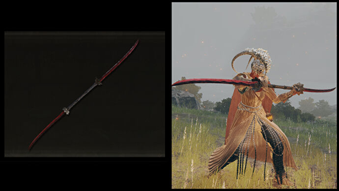 Left: an illustration of Eleonora's Poleblade from Elden Ring. Right: the player character holding the same weapon against a Limgrave background.
