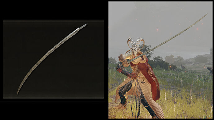 Left: an illustration of the Hand of Malenia from Elden Ring. Right: the player character holding the same weapon against a Limgrave background.