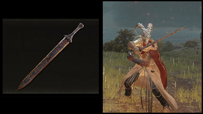 Left: an illustration of the Regalia of Eochaid from Elden Ring. Right: the player character holding the same weapon against a Limgrave background.
