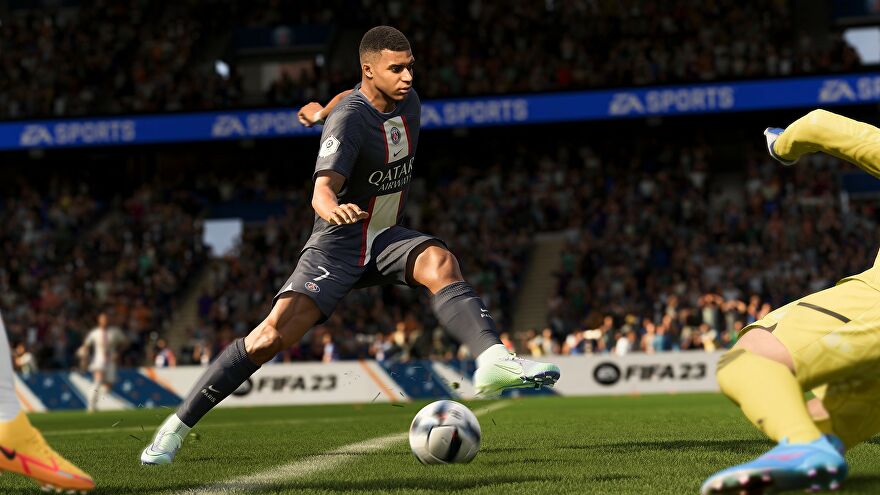 Fifa 23 image showing Mbappe dribbling the ball across the pitch.