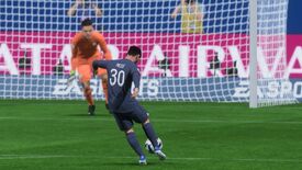 Messi taking a shot against the Man City goalkeeper in FIFA 23.