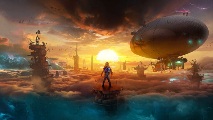 A person in a hazard suit looks down over blue clouds pierced by skyscrapers in the Forever Skies key art.