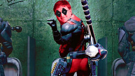 Deadpool standing with his back to camera in front of urinal, with the face of Gabe Newell