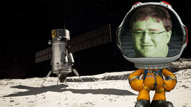 A character from Kerbal Space Program standing next to a rocket on a moon, but the Kerbal character has the face of Gabe Newell