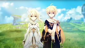 The twins, one of whom you choose to become the protagonist of Genshin Impact, stand together on a grass hill in the trailer for the Genshin Impact anime.