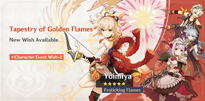 Genshin Impact's "Tapestry of Golden Flames" banner as it appeared in November 2022. It features Yoimiya alongside Bennett, Razor, and Noelle.