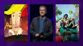 Three blocks display three seperate images. The first is a cartoon pirate looking shocked. The second is of Geoff Keighley, smiling on stage. The third shows a man relaxing in a pool as zombies approach him from behind.