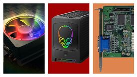 a composite image of, left to right, a PC fan, a PC tower with a rainbow skull light on it, and a graphics card