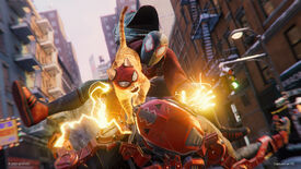 Miles Morales and his pet cat take down an armoured bad guy in the PC version of Marvel’s Spider-Man: Miles Morales.