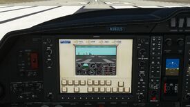 A screenshot showing the original Microsoft Flight Simulator from 1982 being played on the dashboard of a Diamond DA62 in Microsoft Flight Simulator 2020