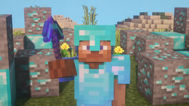 A Minecraft screenshot of a player clad in full enchanted Diamond Armor, surrounded by Diamond Ore and Diamond Blocks.
