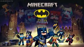 Key art for Minecraft's Batman DLC including a Batman, Robin, Batgirl in the foreground and faded images of Catwoman, Mr. Freeze, Joker and Penguin visible in the sky.