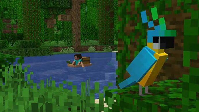 Steve rows down river in a boat with chest whilst a parrot sits on the leaves of a jungle tree