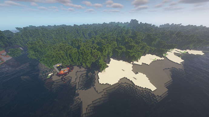 A coastal Mangrove Swamp biome in Minecraft, with a ruined portal on the beach to the left.
