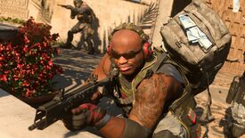 Modern Warfare 2 image showing a soldier aiming over a wall with their gun, while wearing a rucksack full of cash.