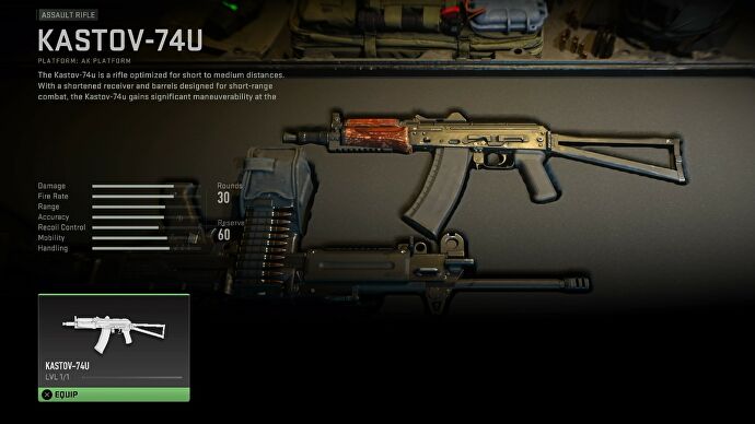Modern Warfare 2 beta screenshot showing the Kastov in a weapon container, with the stats on the left.