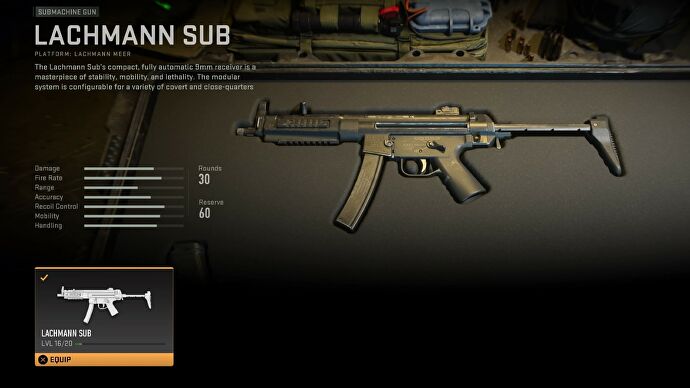 Modern Warfare 2 beta screenshot showing the Lachmann Sub in a weapon container, with the stats on the left.