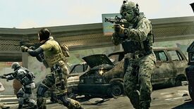 Modern Warfare 2 image showing three soldiers aiming their guns on a road littered with destroyed cars.