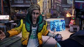Octavio from New Tales From The Borderlands standing on a street arguing with assassin robot LOU13