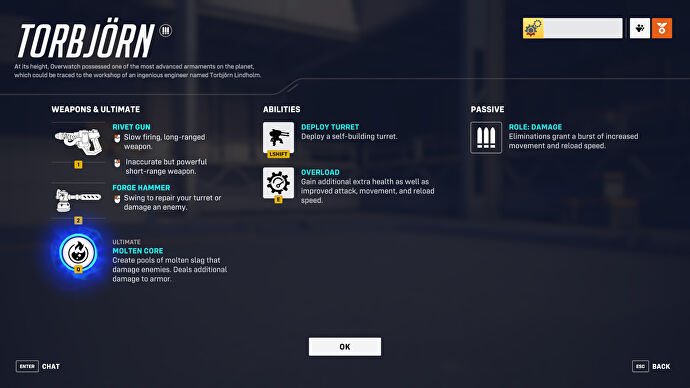 A screen from Overwatch 2 showcasing the abilities of the hero Torbjorn.