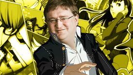 The Persona 4 Golden protagonist standing in front of a yellow background showing a number of different characters from the game, but he has the face of Gabe Newell
