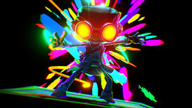 Raz from Psychonauts 2 getting a new skill in a dark environment, with bright colours shooting out from behind him.