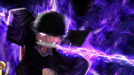 Promotional art for Roblox game King Legacy, or King Piece, showing a character running towards the screen holding a glowing purple weapon in their teeth.
