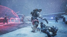 Scavengers - A player with a pistol threatens another player lying in the snow while two other players fight in the background near a red, translucent bubble shield.