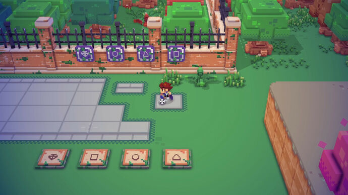 A sprite boy runs with a football in a voxel-ish, Pokémon-like world in Soccer Story.