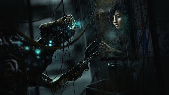 A piece of key art for the sci-fi horror game SOMA showing a robot looking in a cracked mirror and seeing a sad woman in the reflection