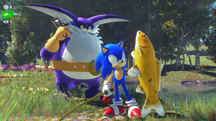 Sonic proudly raises a yellow carp he's just caught as Big The Cat stands in the background in Sonic Frontiers.