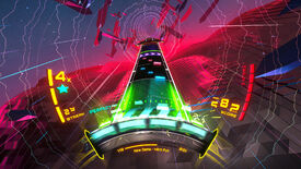 A colourful scene displaying a single lane covered in icons, moving towards a glowing wheel at the bottom of the screen.