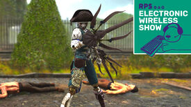 Aegis in Steelrising stands in front of a garden wielding the Nemesis Claws weapon, with the Electronic Wireless Show podcast logo in the top right corner of the image