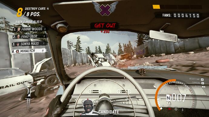A first person view from behind the steering wheel in chaotic derby game Trail Out