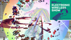 A huge, rainbow coloured explosion in vampire survivors, with the Electronic Wireless Show podcast logo in the top right
