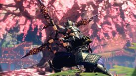 A ninja holding a massive shuriken stands in front of a cherry blossom tree in Wild Hearts.